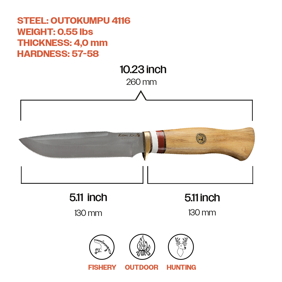 Kam Knife - Fixed-Blade Knife OUTOKUMPU Stainless Steel 4116 with 5.11" Blade EDC Knife; Acacia Wood Handle Camping Knife; Large Hunting Knife Perfect for Outdoors and Hiking - Kam Knife US