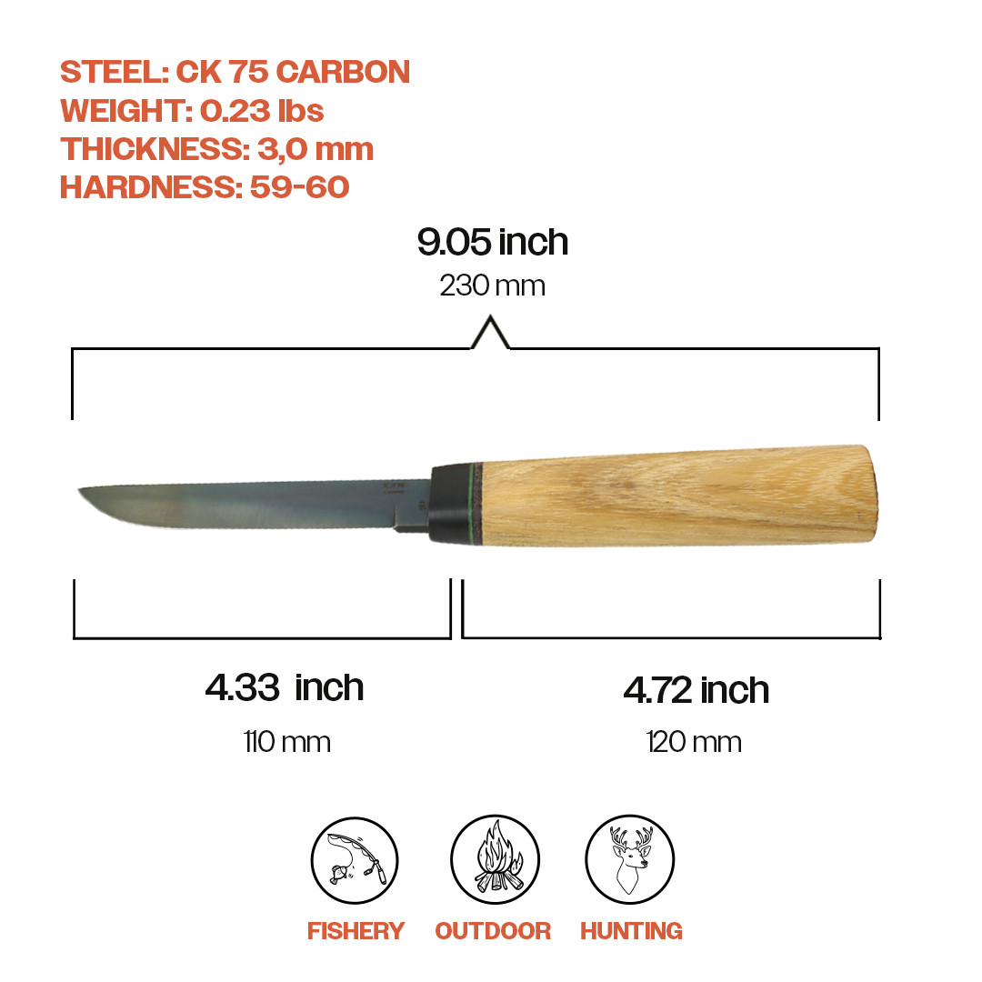 Kam Knife – Puukko Knife CK75 Carbon Steel; Camping Knife with 4.33" Blade; Acacia Wood Handle Hunting Knife; Survival EDC Knife; Perfect for Outdoors and Carving - Kam Knife US